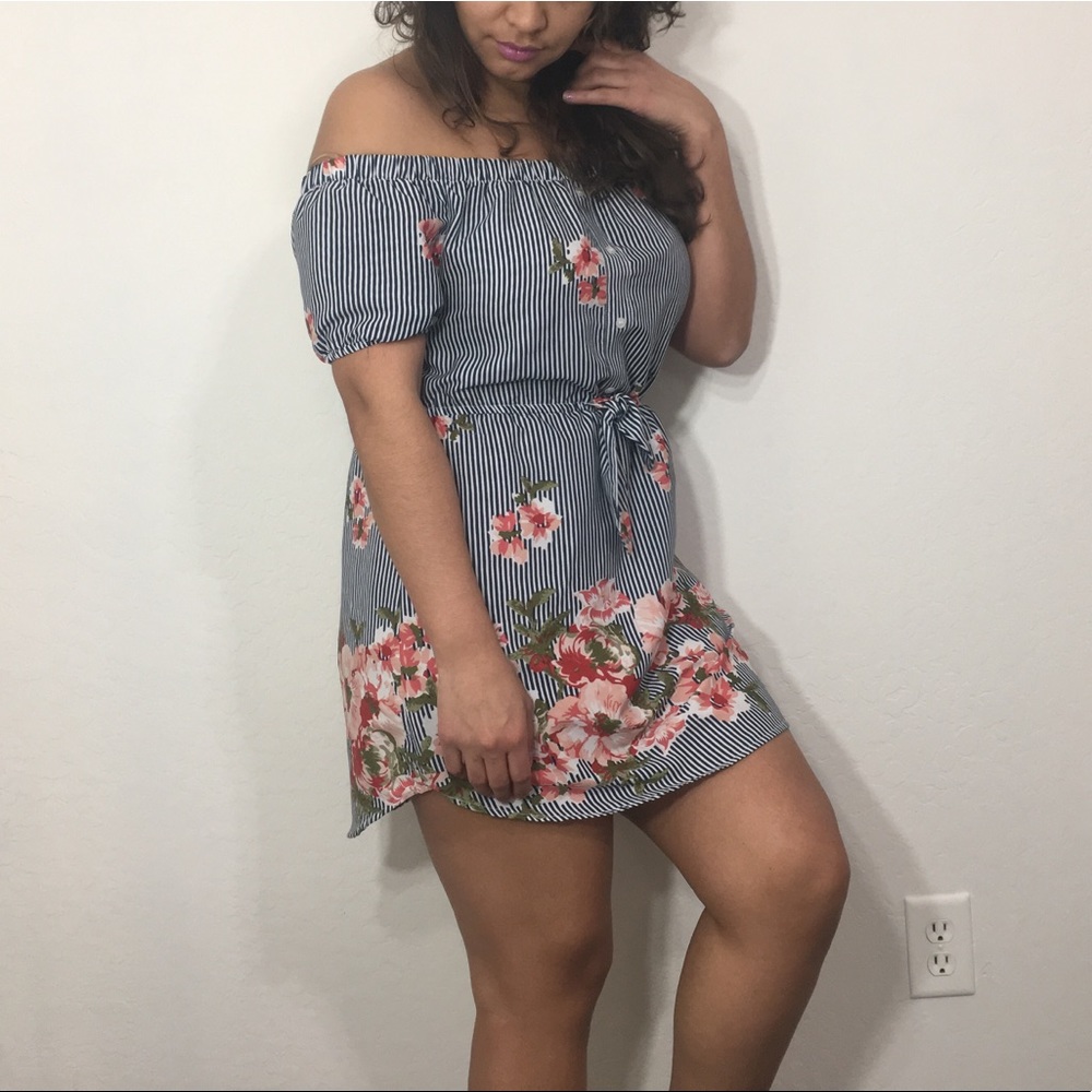 Off Shoulder Striped & fFloral Mini Dress